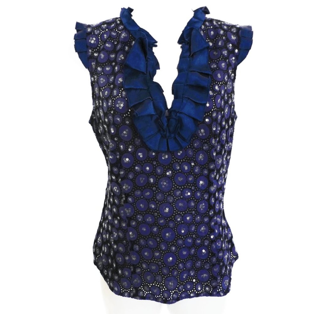 Y2K Bebe Navy Blue Top Satin Ruffles Sequins Lace Inset Side Zip Button Back S - Picture 3 of 10